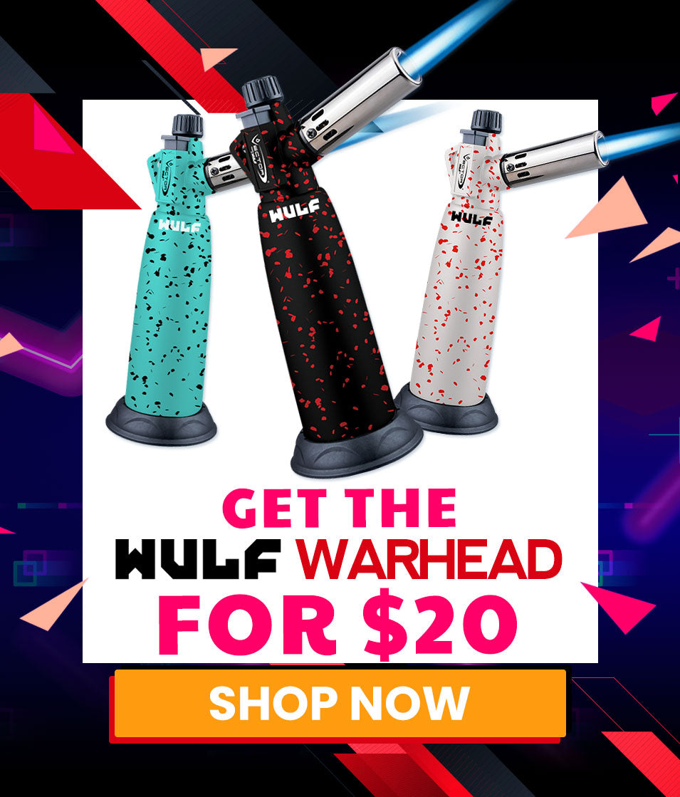 Three colorful Wulf Warhead torches with promotional text on a vibrant background