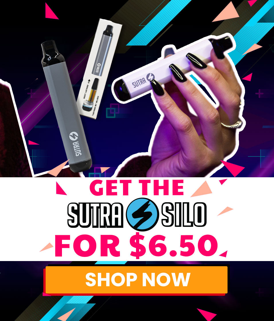 Advertisement for Sutra Silo vaping device with hand holding device and promotional text on a colorful background