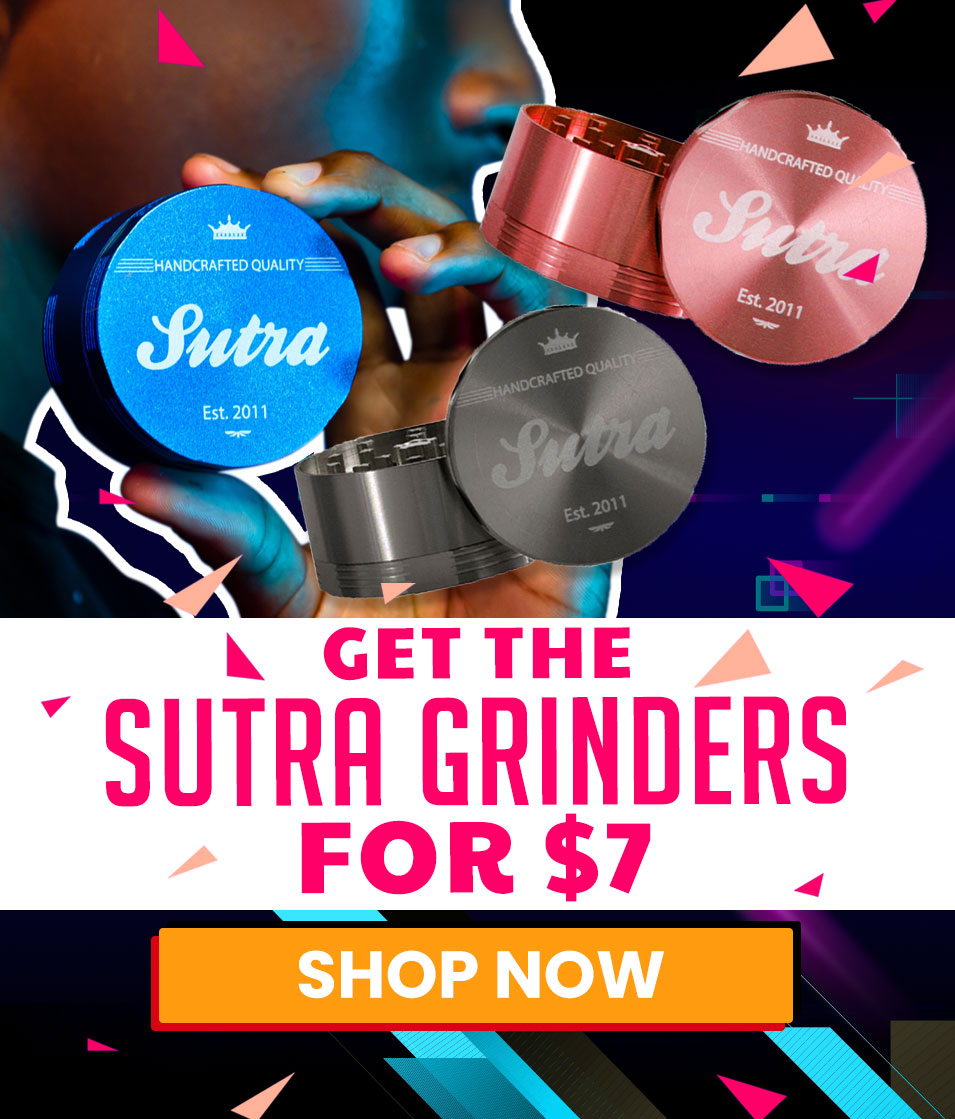 Sutra grinders with promotional text on a colorful background