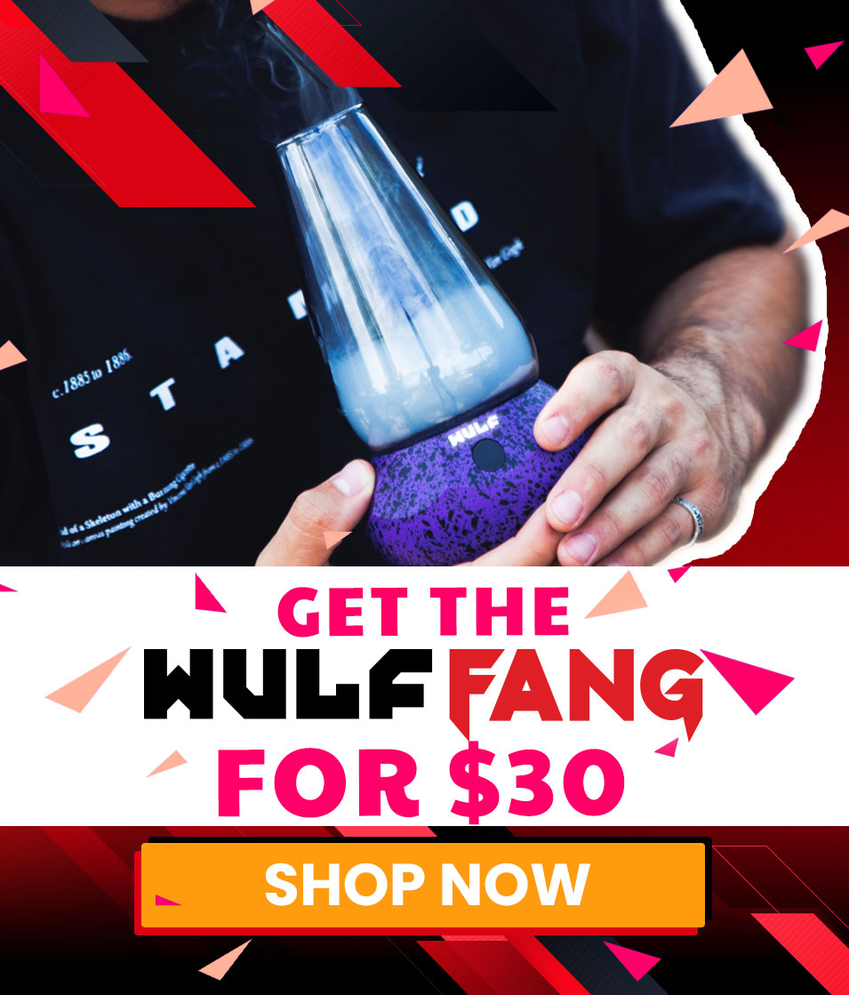 man holding a purple and black spatter Wulf Fang with promotional text overlay on a colorful background