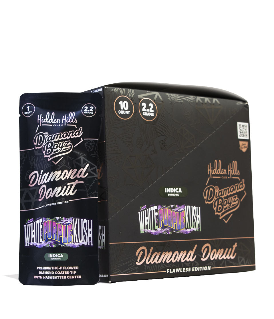White Purple Kush Hidden Hills Diamond Boyz 2.2g THC-A Diamond Donut Pre Roll 10pk Front View on White Background