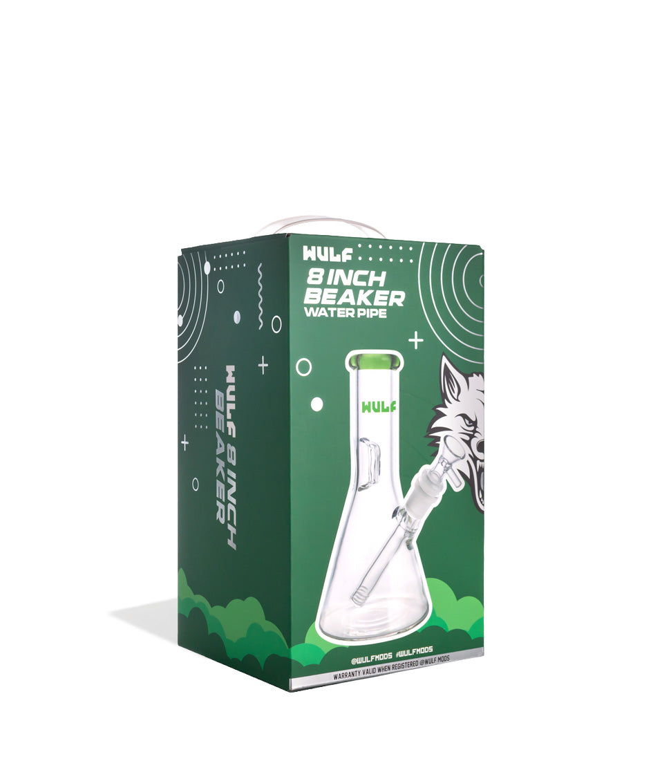 Green Wulf Mods 5mm 8inch Beaker Water Pipe Packaging Angle View on White Background
