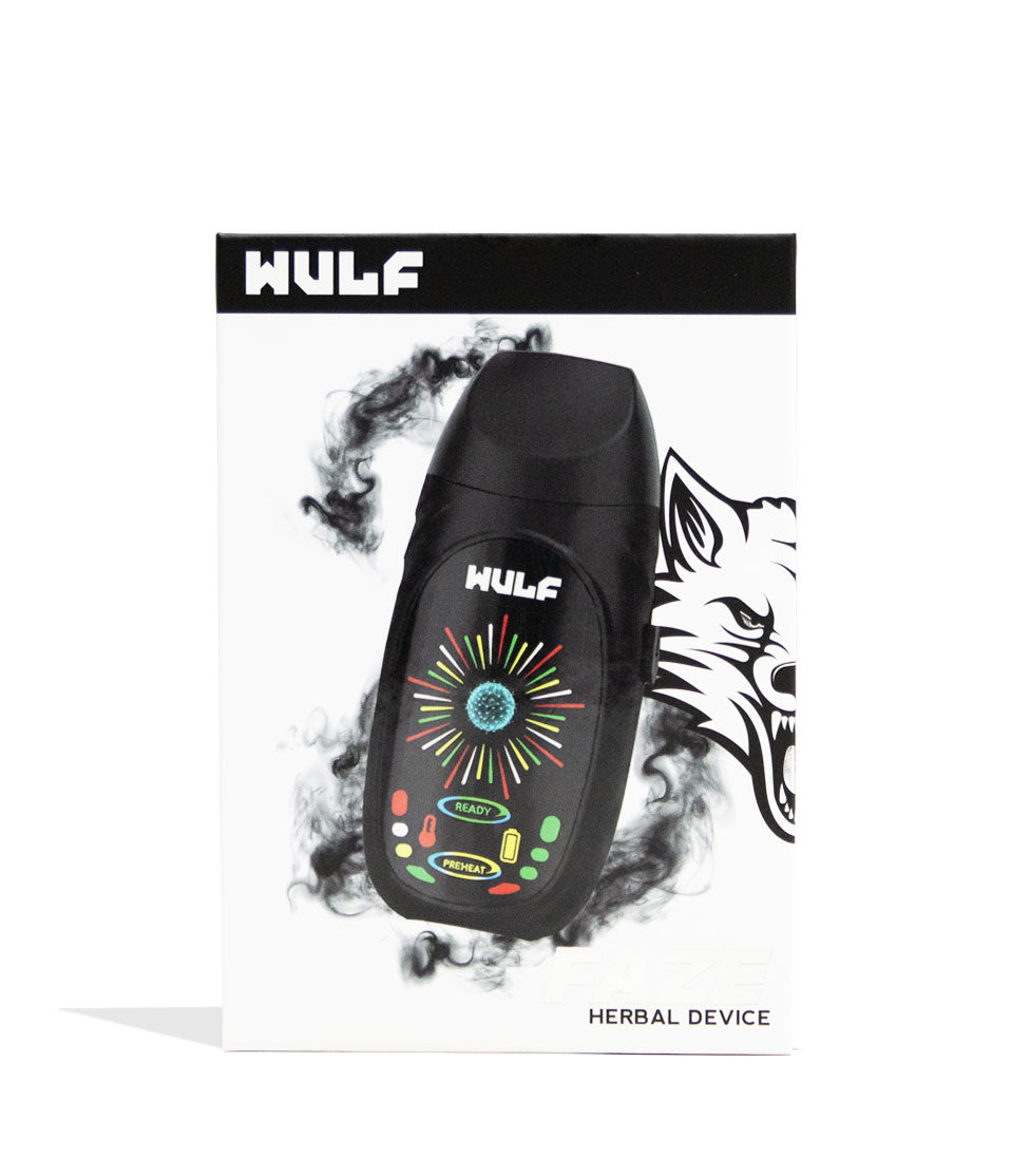 Black Wulf Mods Faze Portable Dry Herb Vaporizer Packaging Front View on White Background