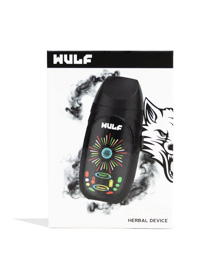 Black Wulf Mods Faze Portable Dry Herb Vaporizer Packaging Front View on White Background