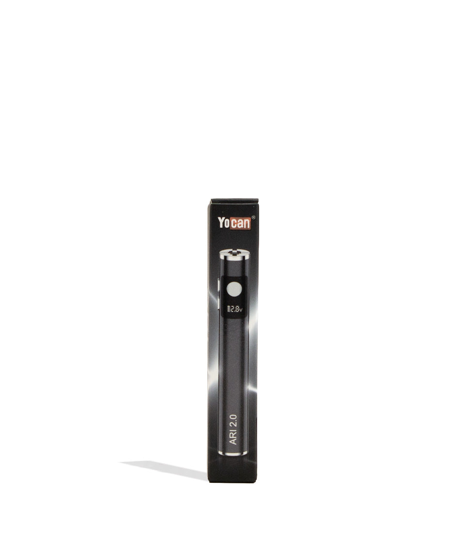 Black Yocan Ari 2.0 Variable Voltage Battery 15pk Packaging Front View on White Background